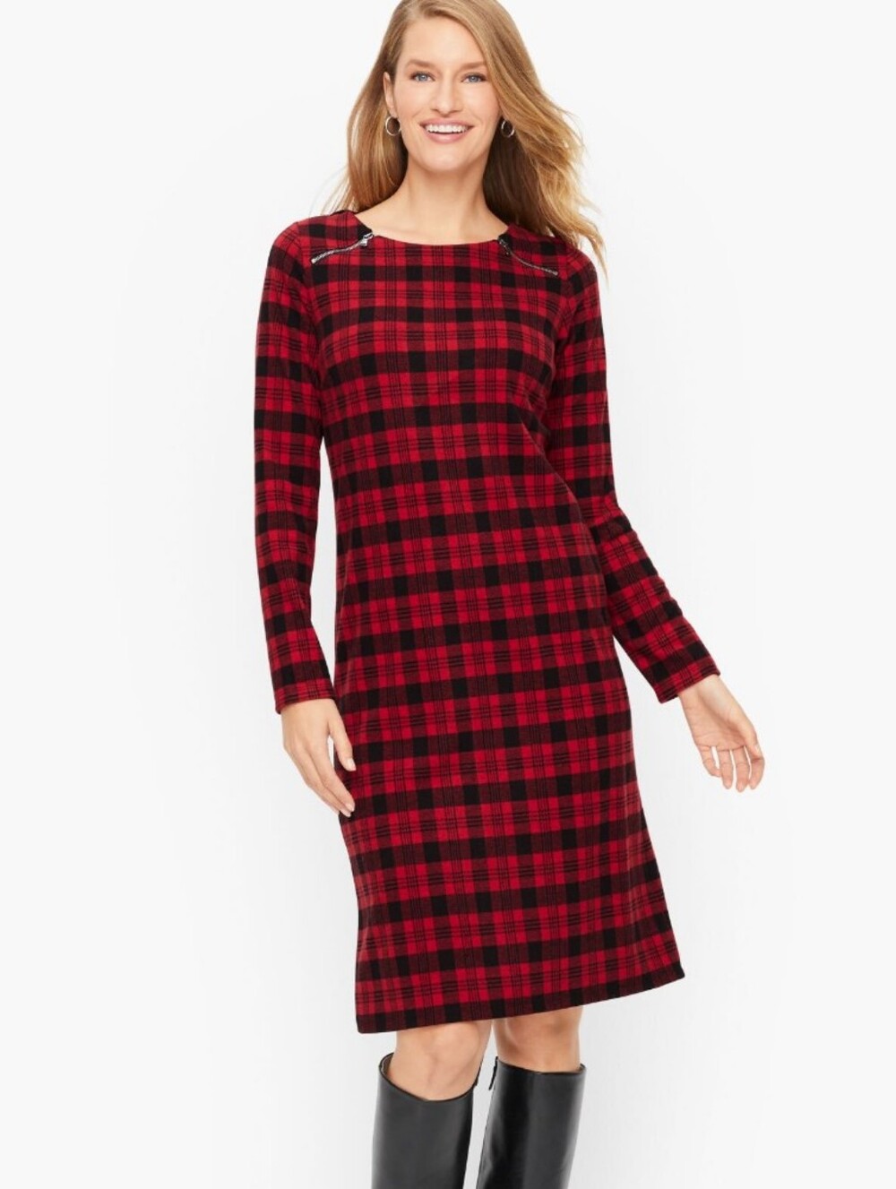 Talbots Red and Black Plaid Long Sleeve Shift Dress 1X Petite Line New